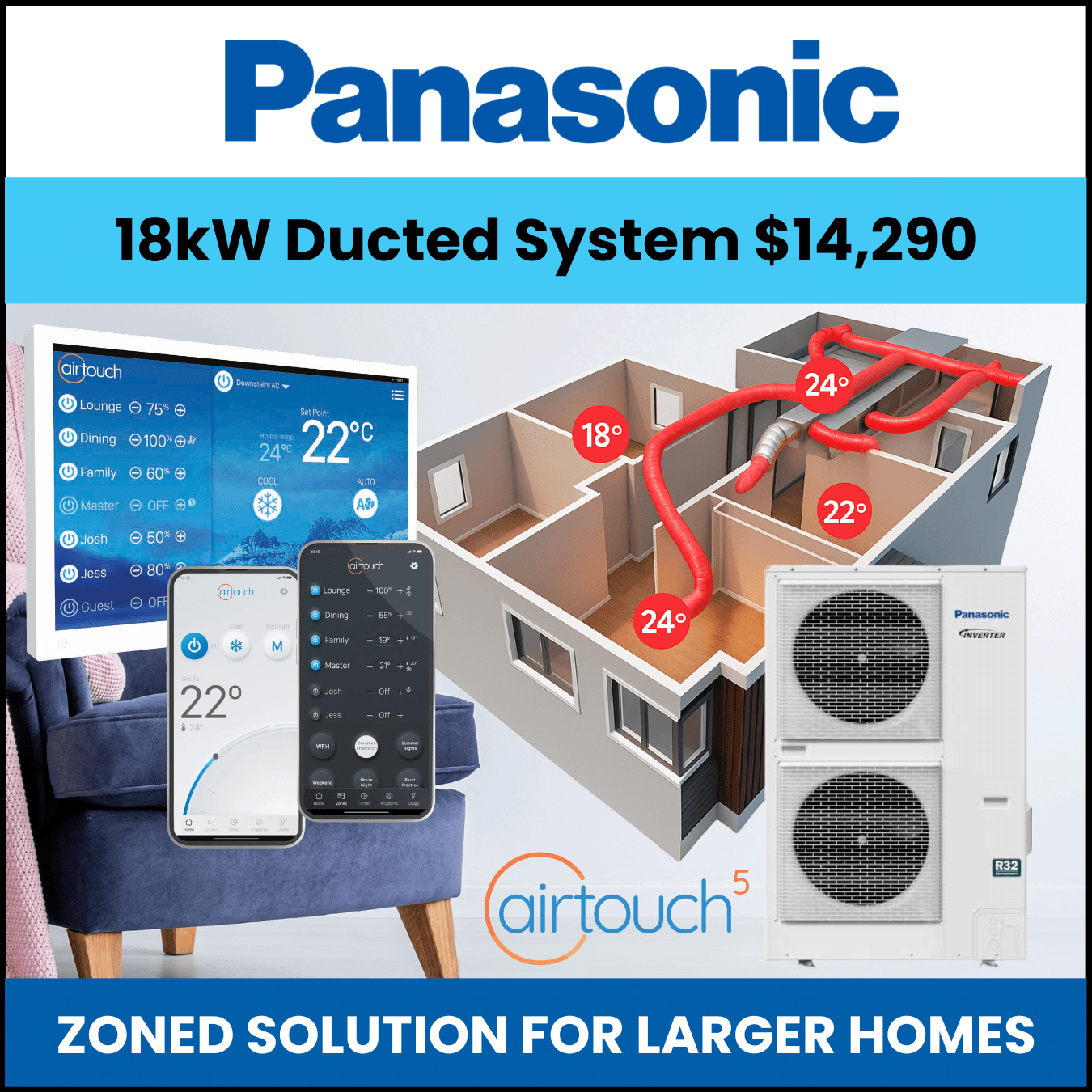 Panasonic ducted reverse cycle 18kw system heating and cooling